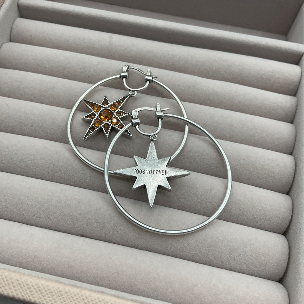 silver hoop earrings with amber stars - Picture 2 of 4